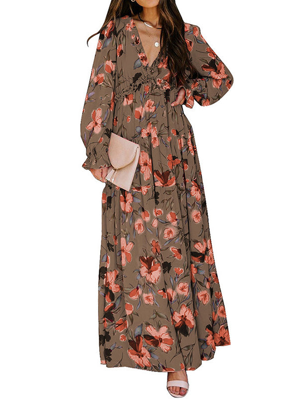 Flower Print Pleated Ruffled High Waisted Long Sleeves V-Neck Maxi Dresses
