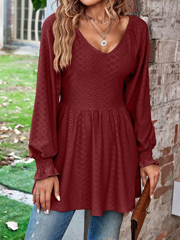 Elasticity Jacquard Pleated Solid Color Long Sleeves V-Neck T-Shirts Tops