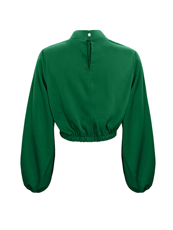 Elasticity Hollow Knot Pleated Ruffled Long Sleeves Puff Sleeves Mock Neck Blouses&Shirts Tops