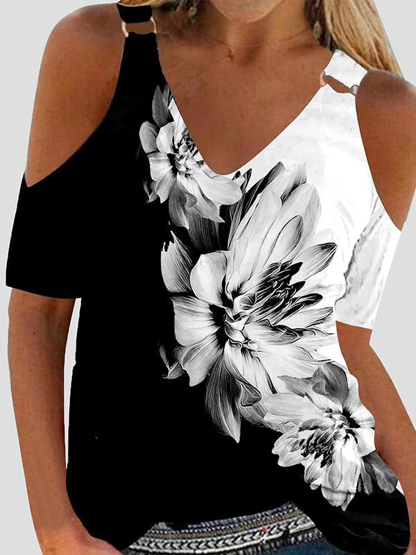Flower Print Split-Joint Loose Short Sleeves Cold Shoulder T-Shirts Tops