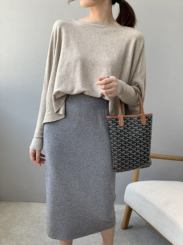 Solid Color Batwing Sleeves High-Low Boat Neck Sweater Pullovers Knitwear