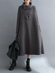 Asymmetric Solid Color Zipper A-Line Long Sleeves High Neck Midi Dresses