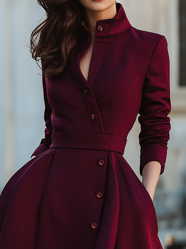 Buttoned Pockets Solid Color Split-Joint A-Line High Waisted Stand Collar Midi Dresses