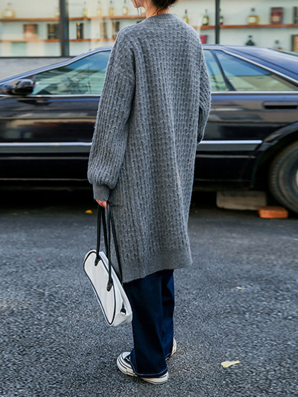 Pockets Solid Color Long Sleeves Loose Collarless Cardigan Tops