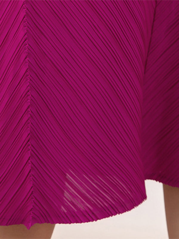 Embroidered Pleated Solid Color Long Sleeves Loose Round-neck Midi Dresses