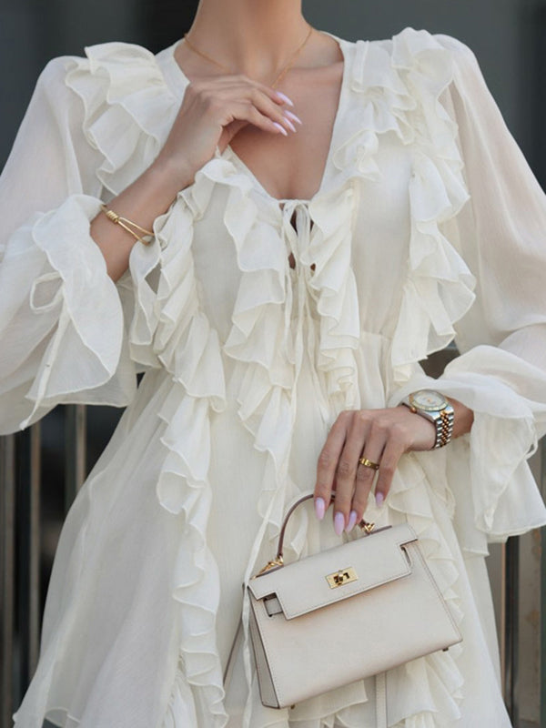 Ruffle Trim Solid Color Tied A-Line High Waisted V-Neck Mini Dresses