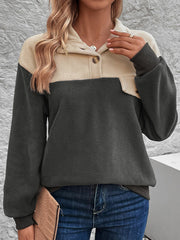 Buttoned Contrast Color Split-Joint Velvet Long Sleeves Loose Stand Collar Sweatshirt Tops