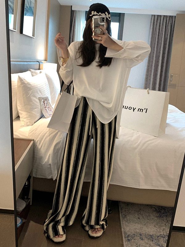 Casual Wide Leg Loose Drawstring Striped Pants