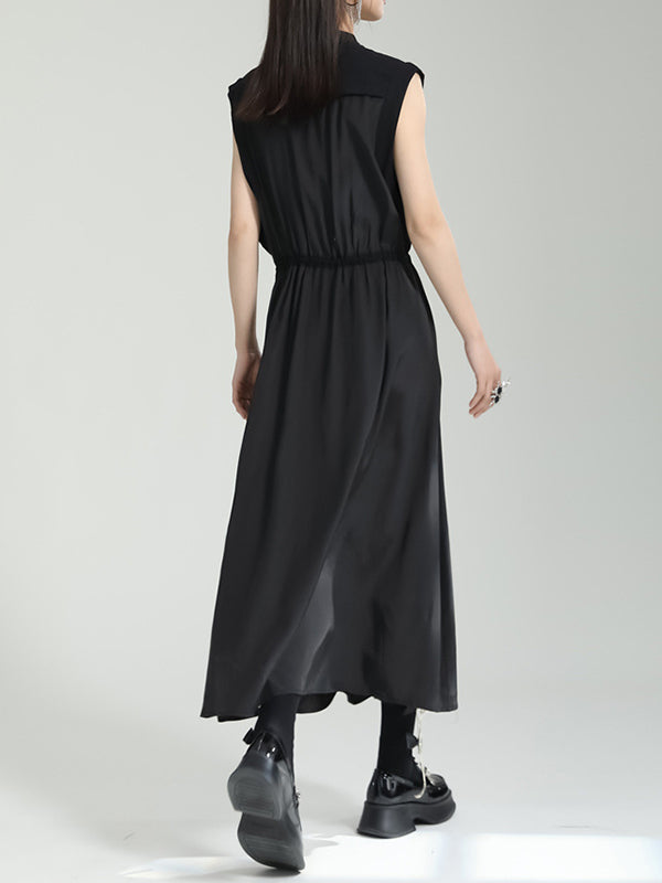 Contrast Color Drawstring Split-Joint Tied Waist Loose Sleeveless Round-Neck Midi Dresses