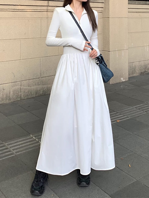 Pleated Solid Color Split-Joint Zipper High Waisted Long Sleeves V-Neck Midi Dresses