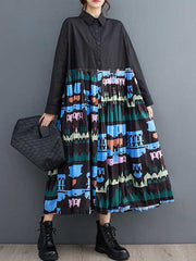 Buttoned Pleated Printed Split-Joint A-Line Long Sleeves Lapel Midi Dresses