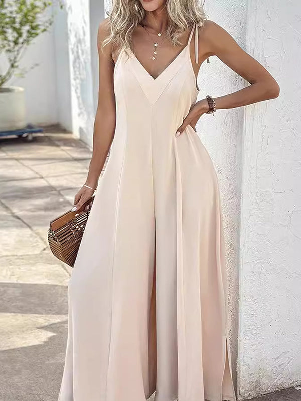 Solid Color Sleeveless Wide Leg Spaghetti-Neck Jumpsuits