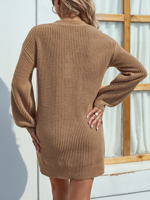 Casual Puff Sleeves Solid Color V-Neck Sweater Dresses