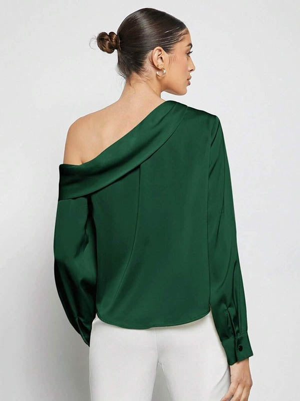 Pleated Solid Color Split-Joint Long Sleeves Skinny One-Shoulder Blouses&Shirts Tops