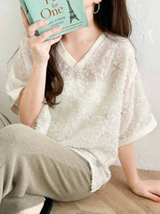 Mesh Solid Color Split-Side Half Sleeves Loose V-Neck Blouses&Shirts Tops