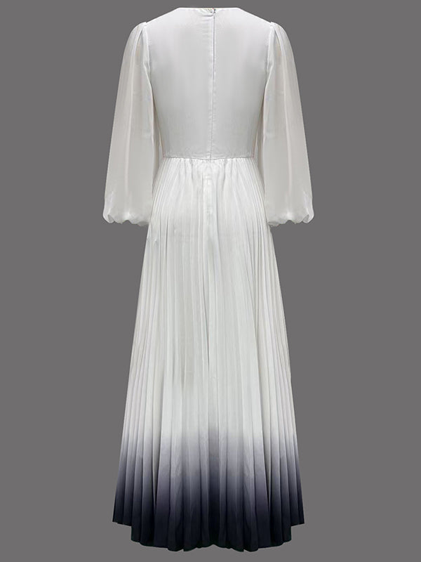Gradient Pleated A-Line High Waisted V-Neck Maxi Dresses