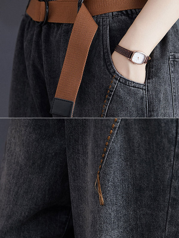 Artistic Retro Loose Velvet Elasticity Belted Jean Pants