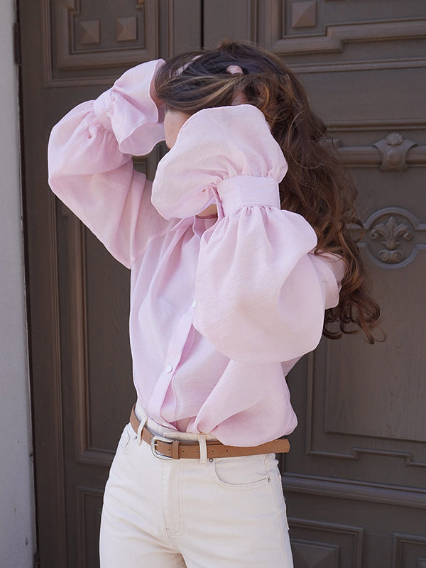 Pleated Solid Color Split-Joint Loose Puff Sleeves Lapel Blouses&shirts Tops