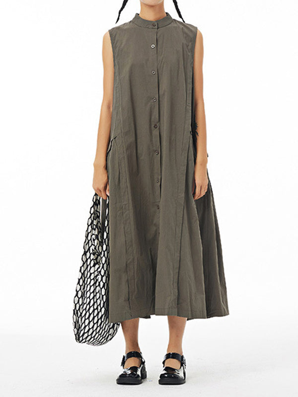 Pleated Solid Color Loose Sleeveless Stand Collar Shirt Dress Midi Dresses