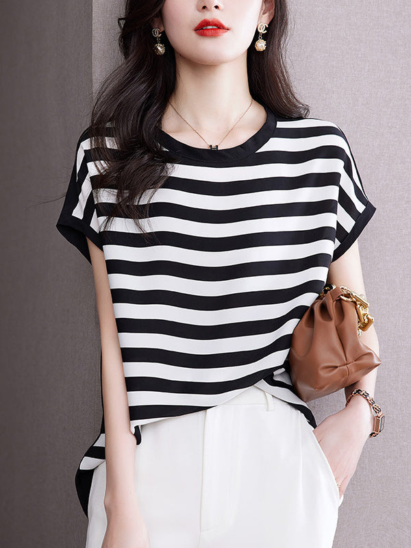 Contrast Color Striped Loose Plus Size Round-Neck T-Shirts