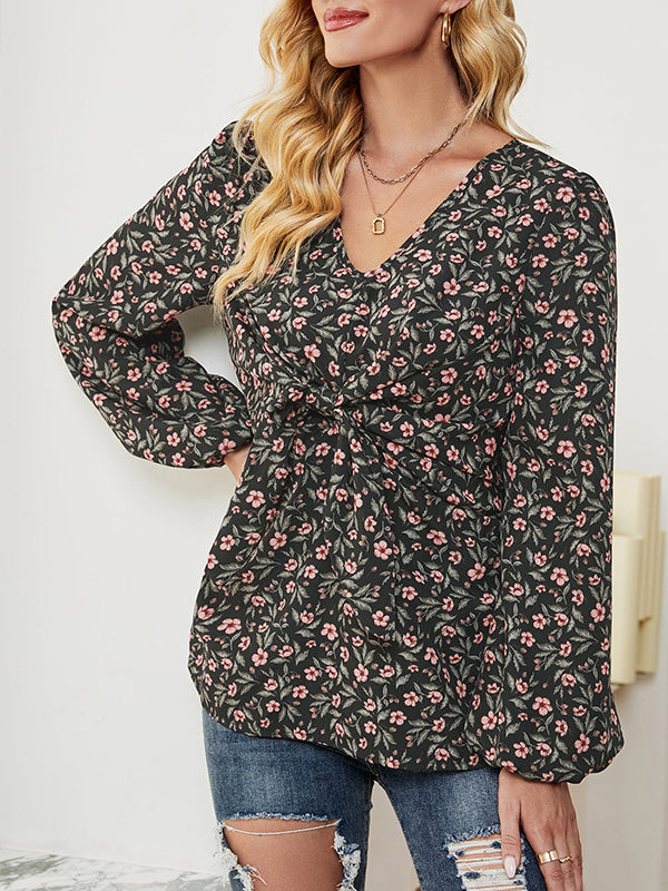 Flower Print Knot Long Sleeves Loose V-Neck Blouses&Shirts Tops