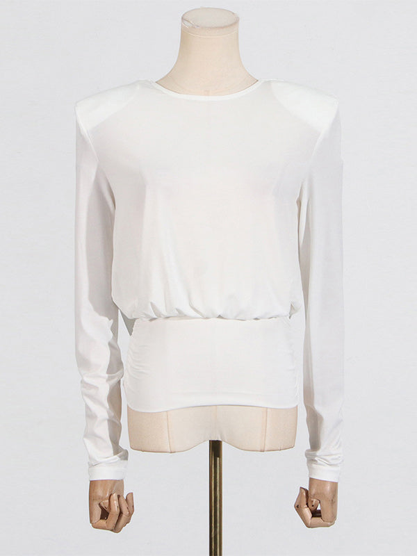 Backless Shoulder Pad Solid Color Long Sleeves Round-Neck Blouses&Shirts Tops