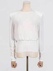 Backless Shoulder Pad Solid Color Long Sleeves Round-Neck Blouses&Shirts Tops
