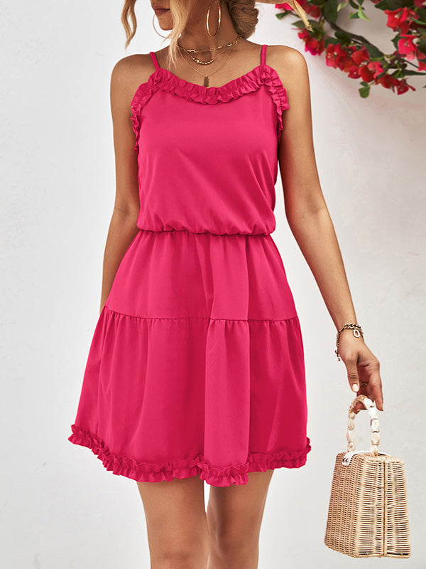 Falbala Solid Color Loose Sleeveless Spaghetti-Neck Mini Dresses