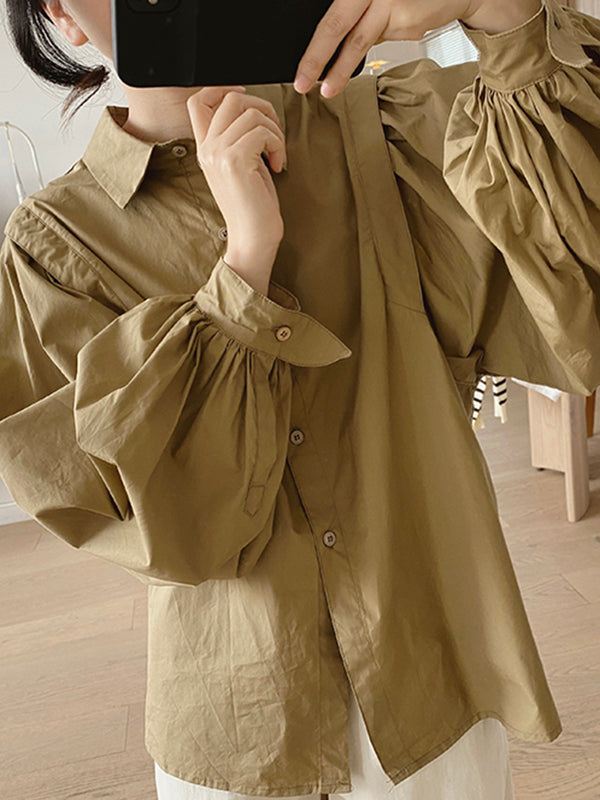 Solid Color Loose Puff Sleeves Lapel Blouses