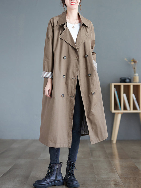 Buttoned Pockets Long Sleeves Loose Notched Collar Trench Coats