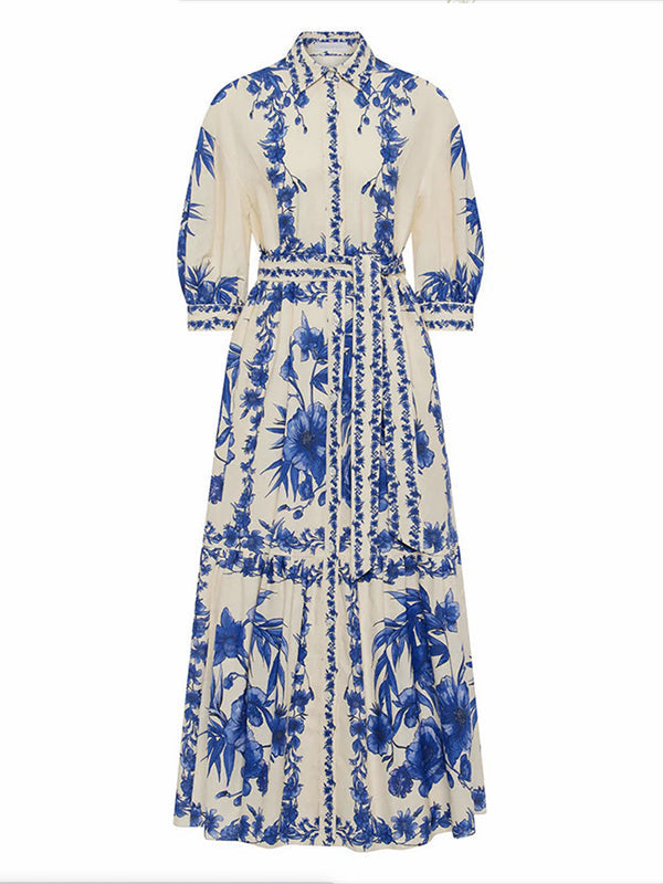 Floral Printed Pleated Split-Joint Tied Waist Loose Puff Sleeves Lapel Shirt Dress Maxi Dresses