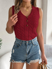 Buttoned Hollow Loose Sleeveless V-Neck Vest Top