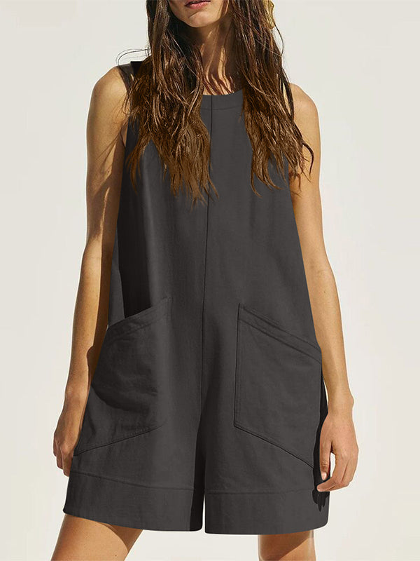 Pockets Solid Color Loose Sleeveless Round-Neck Rompers