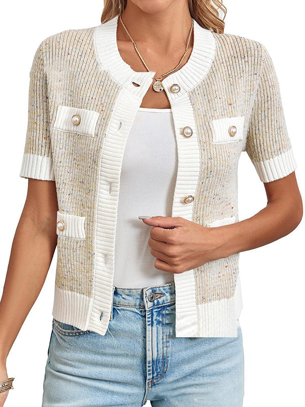 Buttoned Pockets Split-Joint Short Sleeves Round-neck Cardigan Tops