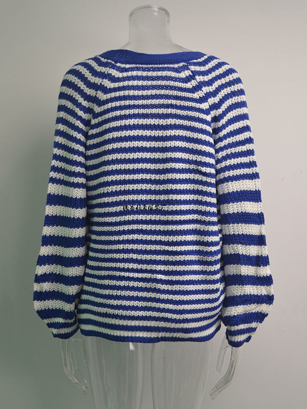 Casual Loose Long Sleeves Striped V-Neck Cardigan Tops