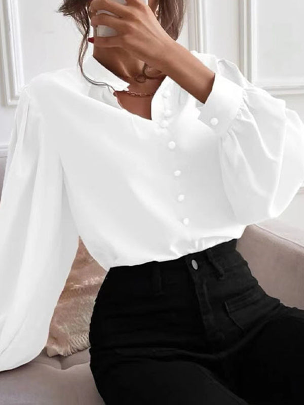 Pleated Solid Color Split-Joint Loose Puff Sleeves Stand Collar Blouses