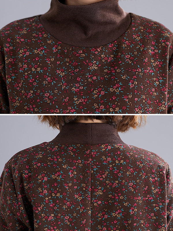 Vintage Loose Long Sleeves Floral Printed High-Neck Mini Dresses