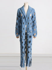 Hollow Solid Color Tasseled Long Sleeves Loose Notched Collar Denim Outerwear