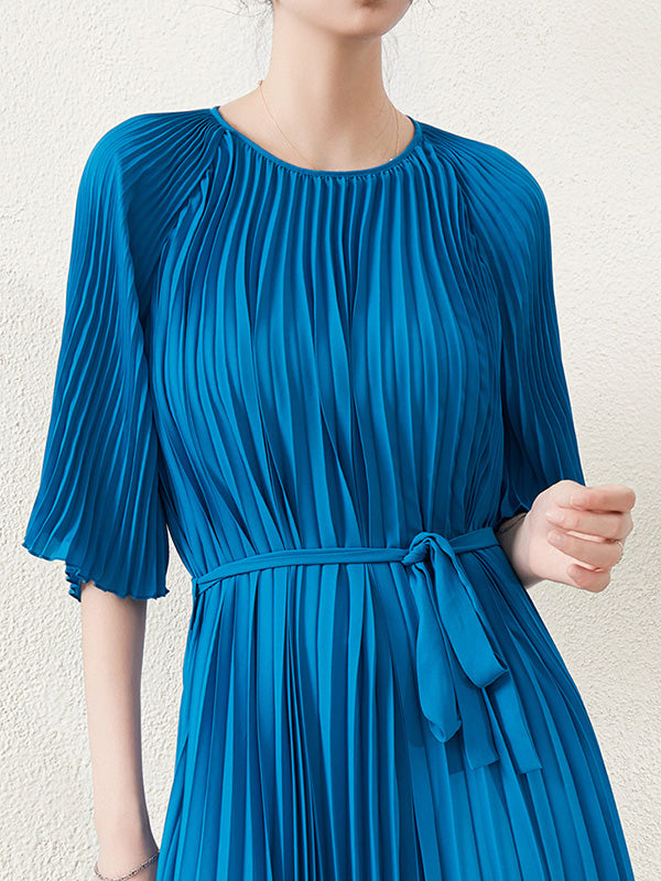 Loose Pleated With Waistband Solid Color Round-Neck Maxi Dresses