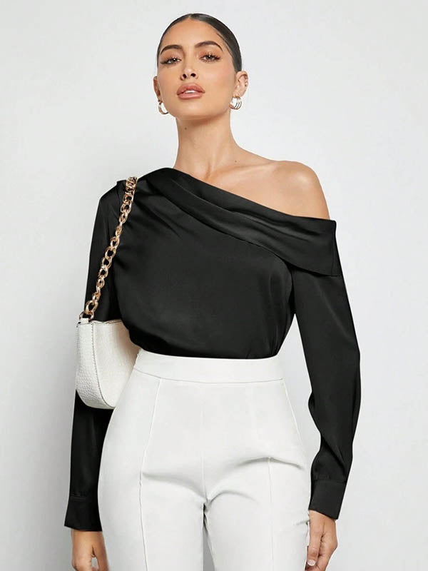 Pleated Solid Color Split-Joint Long Sleeves Skinny One-Shoulder Blouses&Shirts Tops