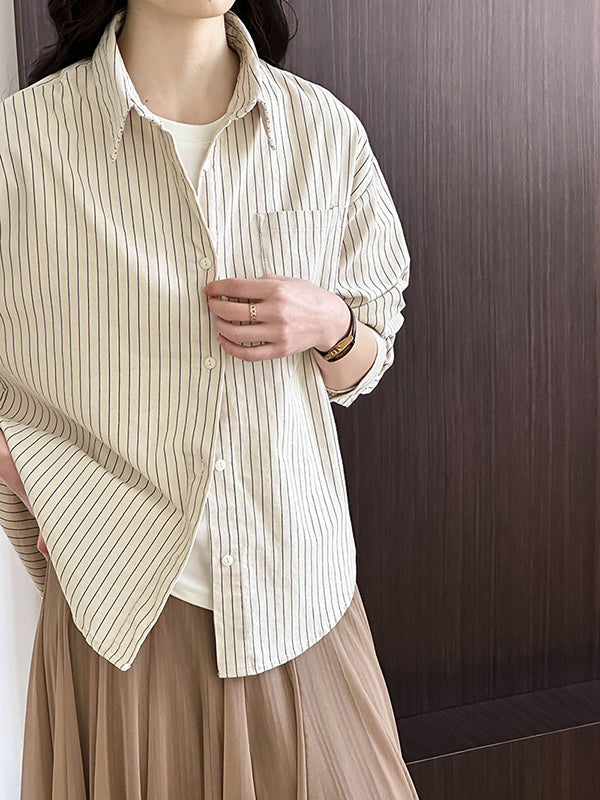 Buttoned Pockets Striped Long Sleeves Loose Lapel Blouses&Shirts Tops