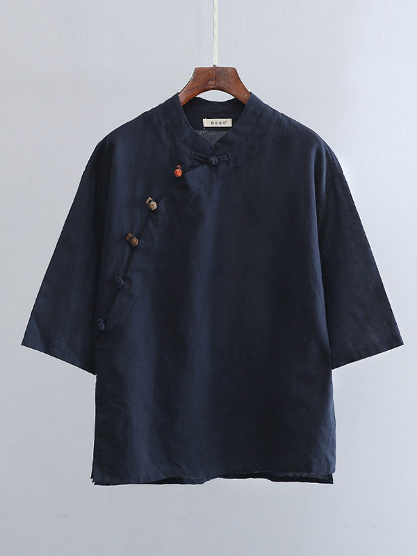 Artistic Retro Loose Half Sleeves Buttoned Contrast Color Stand Collar Blouses&Shirts Tops