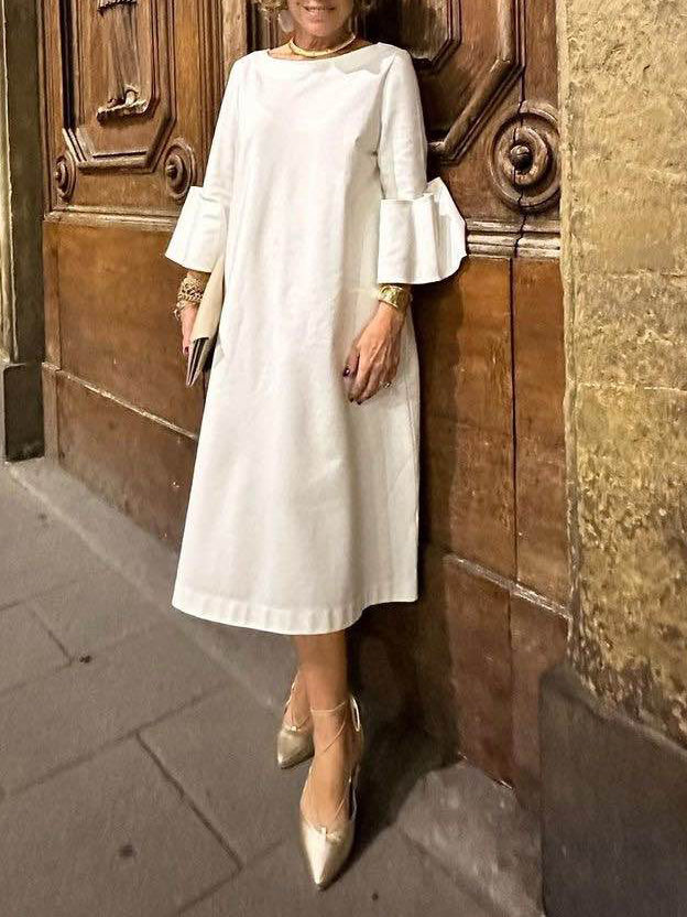 Solid Color Loose Three-quarter Sleeves Round-neck Midi Dresses