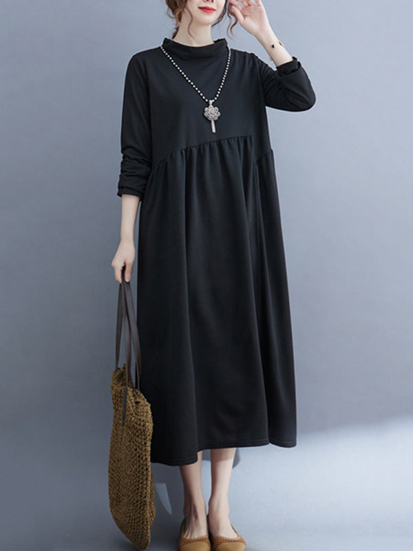 Casual Loose Long Sleeves Solid Color Stand Collar Midi Dresses