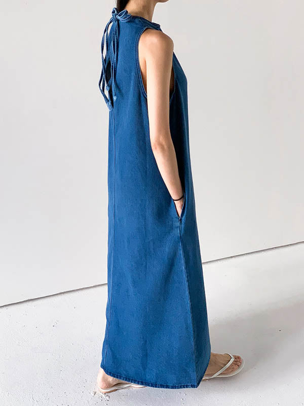 Pockets Solid Color Tied A-Line Loose Round-Neck Maxi Dresses