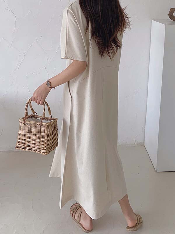 Simple Loose Linen Short Sleeves Solid Color V-Neck Midi Dresses