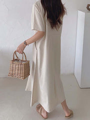 Simple Loose Linen Short Sleeves Solid Color V-Neck Midi Dresses