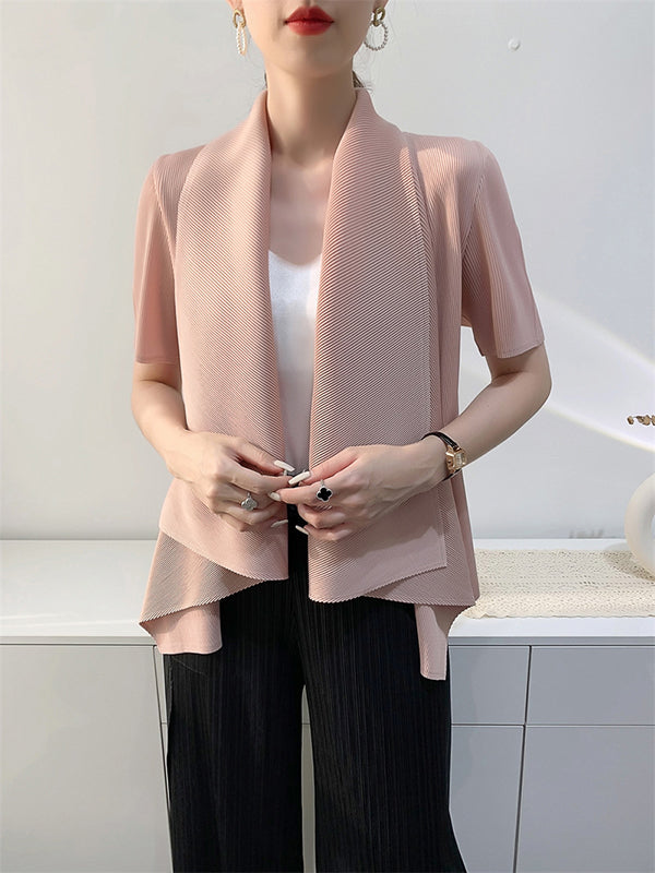 Pleated Solid Color Loose Short Sleeves Collarless Outerwear