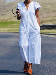 Fringed Pleated Pockets Solid Color Loose Ruffle Sleeves V-Neck Jumpsuits
