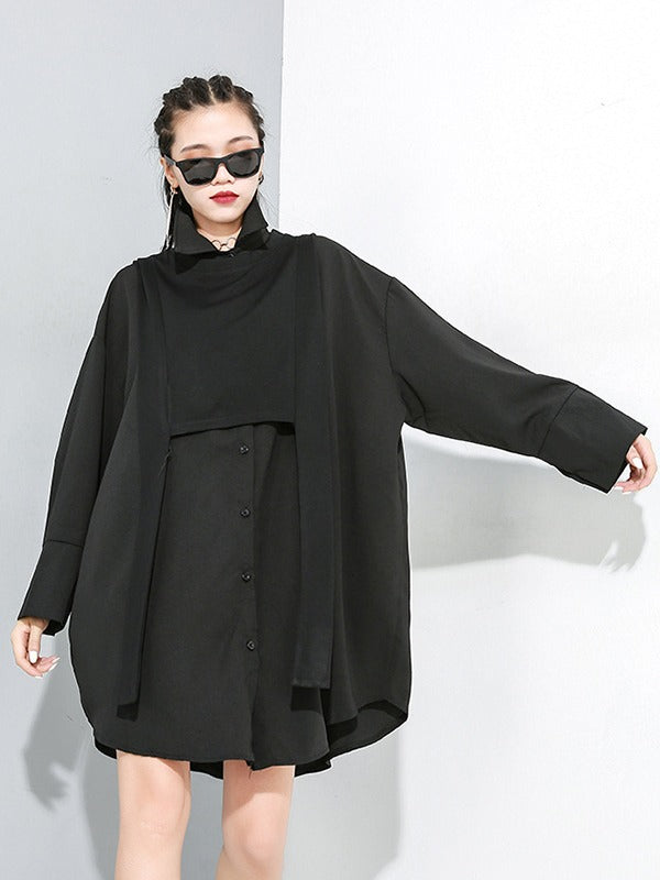 Irregular Clipping Long Sleeves Split-Joint Lapel Two Pieces Blouse